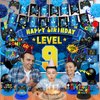 Video Game 9th Birthday Party Decorations Blue Black Happy Birthday Level 9 Banner Backdrop Honeycomb Centerpieces Hanging Swirls Tissue Paper Pompoms Kit for Boy 9 Years Old Game Controller Supplies