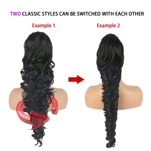KRSI Long Wavy Drawstring Ponytail Extension, 28inch, 1B#, for Women, Black Hair Clip-in, Synthetic Hair, Hair Extension