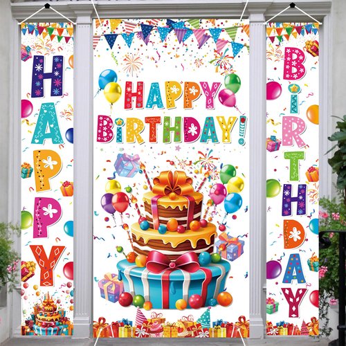 3 Pcs Colorful Happy Birthday Door Banner Happy Birthday Porch Sign Birthday Indoor and Outdoor Party Decor Birthday Hanging Decoration for Girls Boys Party Supplies(white)