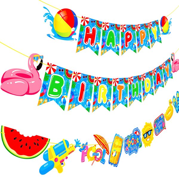 Pool Happy Birthday Banners 3Pcs Swimming Pool Party Cutout Garland Banners Summer Swimming Party Decorations for Pool Theme Baby Shower Supplies