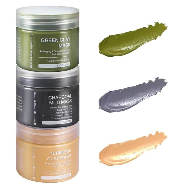 Bisou Bisou Bisou Turmeric Clay, Dead Sea Mud & Charcoal Gel Face Mask Trio With Applicator, Deep cleansing Clay and Mask Applicator, Facial Therapy PH Balanced Hypo-allergenic (3 Sets Mud Mask)