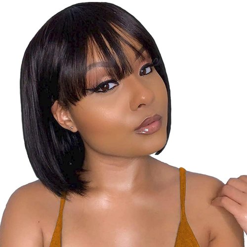 NICMISS Short Bob Wig Human Hair With Bangs None Lace Front Wigs 10 Inch Machine Made Brazilian Virgin Straight Bob Wigs for Black Women Human Hair Glueless Black