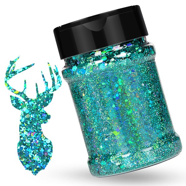 HTVRONT Holographic Chunky Glitter - 100g Peacock Blue Glitter for Resin, 3.53oz Iridescent Glitter Chunky Mixed with Fine Glitter, Shaker Cap Chunky Glitter for Craft, Tumbler, Nail Glitter