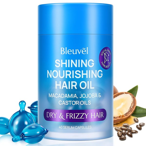 Bleuvél Hair Oil for Frizzy – Hair Vitamin E, Jojoba & Castor Oils – Smooth, Nourish & Shine – Anti Frizz Serum for Women - Damaged, Dry and Curly – No Rinse with Scalp Massage Comb – 40 Capsules