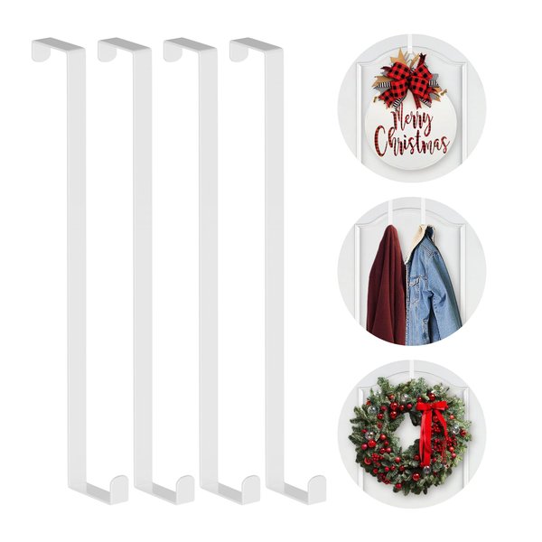 Booda Brand 14 Inches Over The Door Hooks, 4 Pack Widen Wreath Hangers Fit The 1-3/4" & 1-3/8" Door Widths, Z-Shaped Sturdy Door Hanger Hooks for Hanging Wreaths, Hats,and Clothes (White-4Pack)