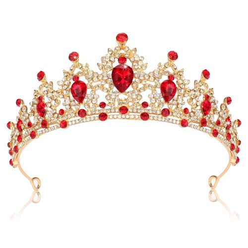 Crown, Rhinestone Wedding Crowns, Wedding Tiara Headband for Brides, Tiaras for Women Red Gold Crown Queen Birthday Crown Crystal Headband, Crown for Wedding Prom Birthday, Head Pieces for Women Fashion, Red Rhinestone Hair Accessories Jewelry Princess De