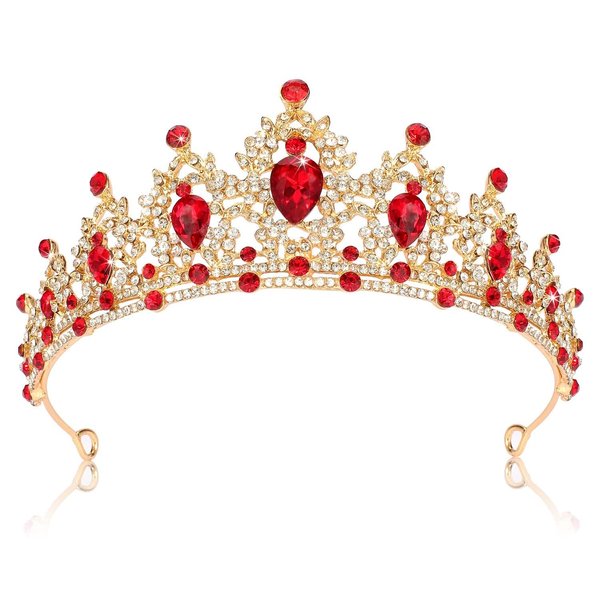 Crown, Rhinestone Wedding Crowns, Wedding Tiara Headband for Brides, Tiaras for Women Red Gold Crown Queen Birthday Crown Crystal Headband, Crown for Wedding Prom Birthday, Head Pieces for Women Fashion, Red Rhinestone Hair Accessories Jewelry Princess De