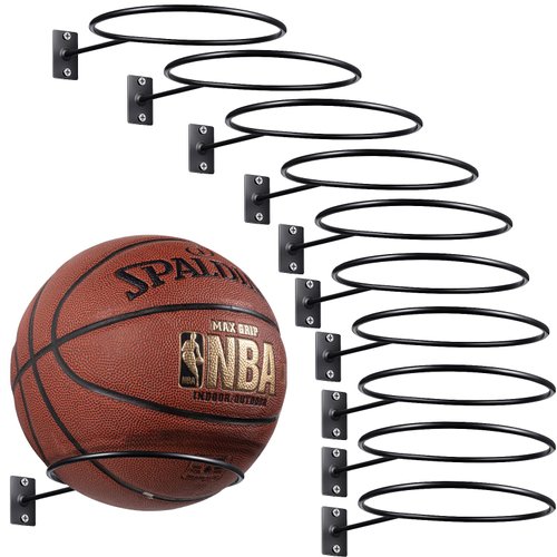 Threan 6 Pieces Mounted Ball Wall Storage Display Ball Storage Universal Ball Rack Metal Ball Holder Black Ball Rack Holder for Basketball Football Volleyball Soccer Storage Display