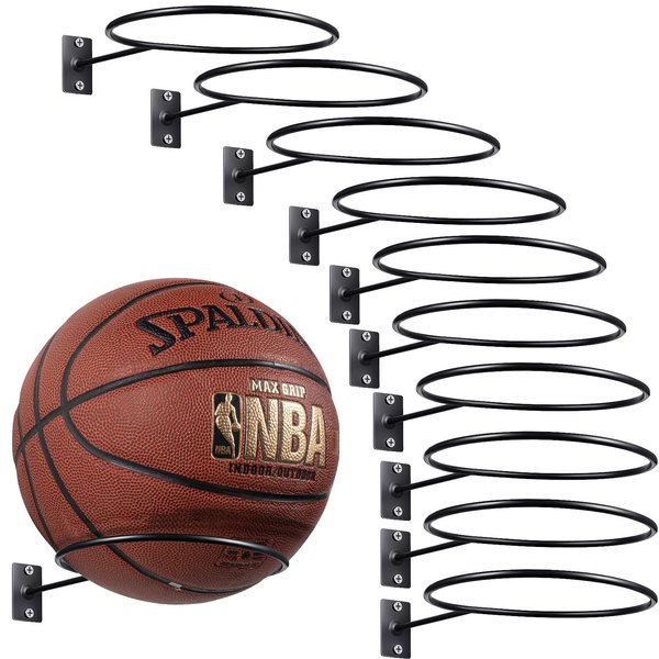 Threan 6 Pieces Mounted Ball Wall Storage Display Ball Storage Universal Ball Rack Metal Ball Holder Black Ball Rack Holder for Basketball Football Volleyball Soccer Storage Display