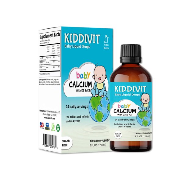 Kiddivit Baby Calcium Liquid Drops with Vitamin D3 & K2-24 Daily Servings, 4 Fl Oz (120 mL) - Inulin Fortified (Prebiotic, Dietary Fiber) - Sugar Free, Gluten Free, Vegetarian Friendly