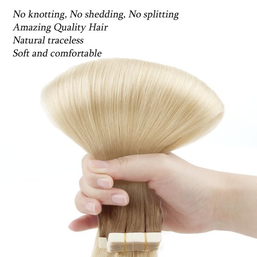 AmazingBeauty 20 Pieces Remy Human Hair Invisible Rooted Tape in Hair Extensions - Platinum Blonde with Chestnut Brown Base R6-60, 20 Inch