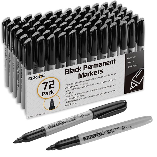 Ezzgol Permanent Markers Bulk, 72 Pack Black Permanent Marker Set, Fine Tip, Waterproof Markers, Premium Smear Proof Pens, Waterproof, Quick Drying, Office Supplies for School, Office, Home