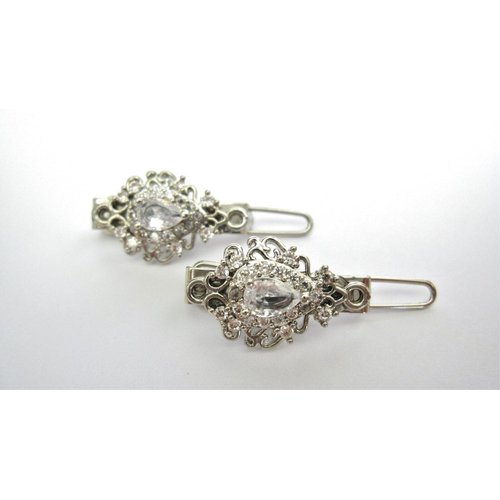Generic Two small tiny silver filigree crystal hair pin clip barrettes fine hair