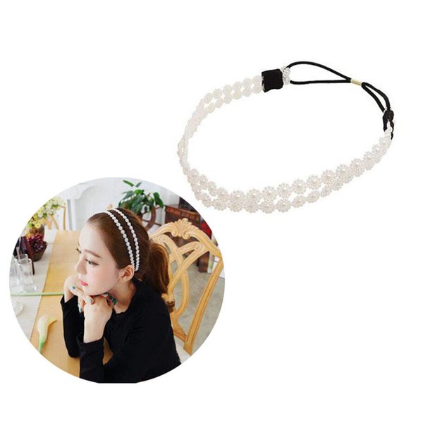 2 Pcs Lady Women Double Imitation Pearl Flowers Elastic Hair Head Hand Hoop Accessory Tie Hairbands Headbands Turban Headdress