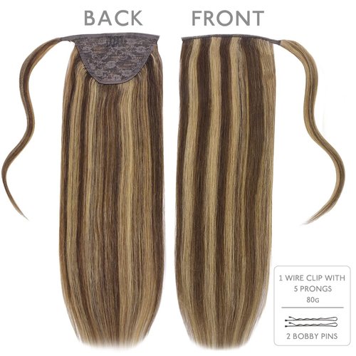 WENNALIFE Ponytail Hair Extension, 14 Inch 80g Balayage Chocolate Brown to Caramel Blonde Ponytail Extension Human Hair Clip in Wrap Around Remy Human Hair Extension Hairpieces