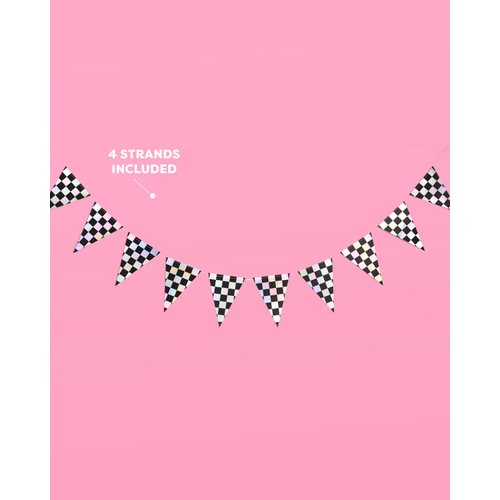 xo, Fetti Checkered Black and Iridescent Party Decorations Flag Banner - Set of 4, 32 Ft | Bachelorette Party Disco Garland, Monster Truck Birthday Party Supplies, Racecar Kids Decor