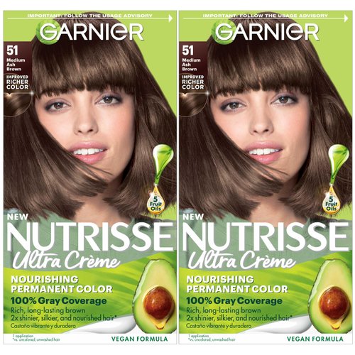 Garnier Hair Color Nutrisse Nourishing Creme, 51 Medium Ash Brown (Cool Tea) Permanent Hair Dye, 2 Count (Packaging May Vary)