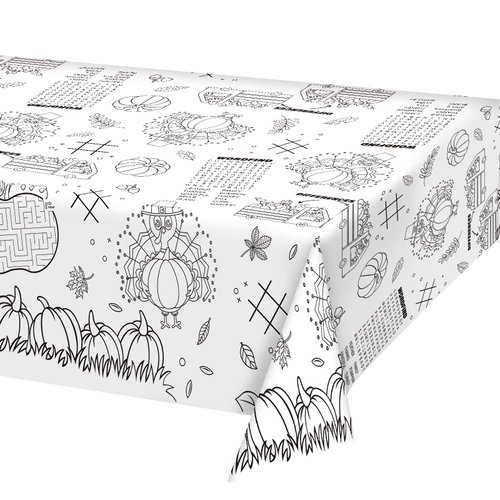 Gatherfun Disposable Fall Thanksgiving Color-in Paper Tablecloth Decoration，Turkey Thanksgiving Day Paper Table Cover for Autumn Children School Party Decor-54 x 88 in