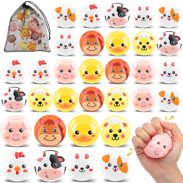 HyDren 24 Pcs Animal Stress Balls Bulk 2'' Cute Farm Animal Squeeze Ball Mini Foam Stress Ball Funny Fidget Toys with Bag for Kids Adults Animal Party Favors Birthday School Gift, 8 Styles