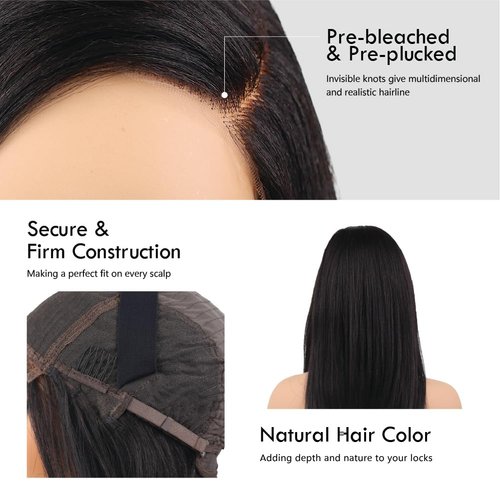BIG G HAIR 14 inch Yaki Straight Virgin Human Hair Side Part Wig With Adjustable Straps & Elastic Band At The Back & Secure Combs, Natural #1B Color Invisible Knots Wig 180% Density