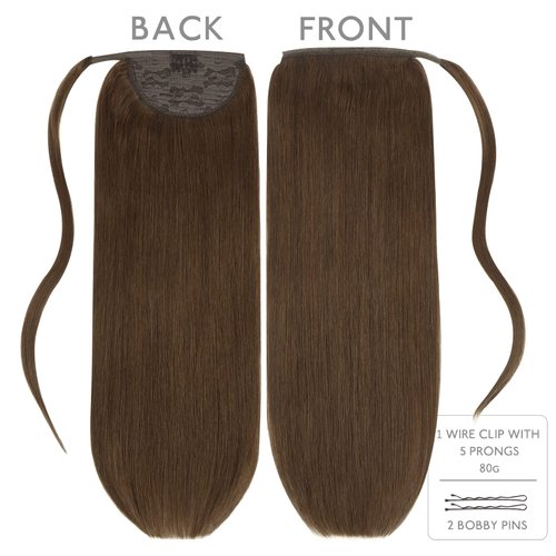WENNALIFE Ponytail Hair Extension, 20 Inch 90g Chocolate Brown Ponytail Extension Human Hair Clip in Wrap Around Remy Human Hair Extension Hairpieces Real Human Hair