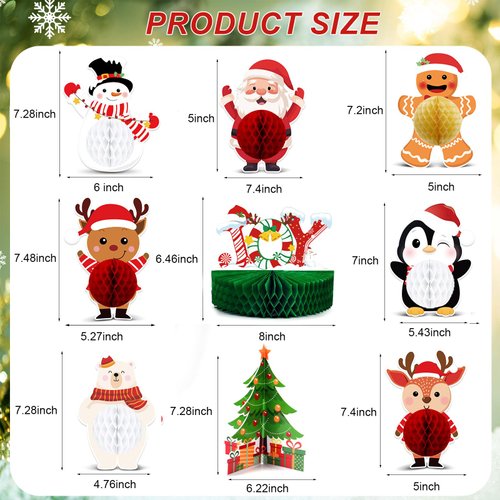 Christmas Party Honeycomb Centerpieces for Xmas Table Decorations, 9Pcs Christmas Center Pieces Tabletop Signs, Cute Santa Snowman Reindeer Holidays Honeycomb Centerpieces for Christmas Party Supplies