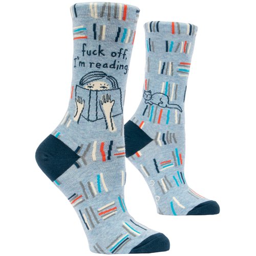 Blue Q Women's Crew Socks - Fuck Off, I'm Reading. Perfect for Book Lovers. Fit shoe size 5-10. Cute image on a light blue background.