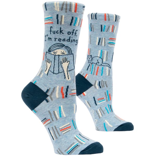 Blue Q Women's Crew Socks - Fuck Off, I'm Reading. Perfect for Book Lovers. Fit shoe size 5-10. Cute image on a light blue background.