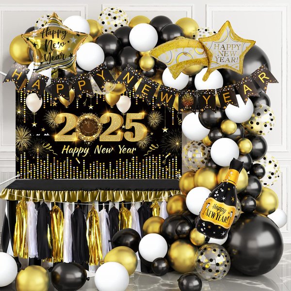 MEHOFOND 120 Pcs Black and Gold New Years Decorations 2025 Happy New Year Balloon Arch Kit with New Year Banner, New Years Eve Party Foil Tassel Garland for NYE Decorations Party Supplies