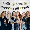 Glitter Hello 2025 Happy New Year Banner Decorations Black New Years Eve Banner Sign Party Supplies 2025 Happy New Year for Happy New Year Decorations Party Supplies 2025 Home Holiday Decorations