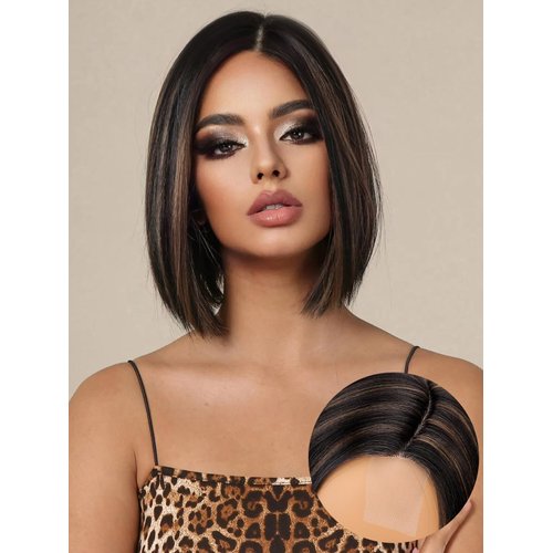 forfeels Brown Bob Wig Short Straight Bob Wigs for Black Women,Side Part Bob Wig Synthetic Short Wigs for Women Daily Use Heat Resistant(10 Inch,Brown Mixed Caramel Highlights)