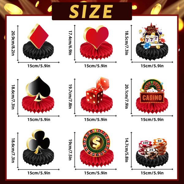 9 Pieces Casino Theme Party Decorations 3D Honeycomb Centerpieces Casino Table Decor Cake Toppers Poker Party Decorations for Game Night Birthday Casino Poker Party Supplies