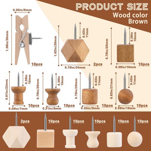 114 Pcs Decorative Wooden Head Pins in 2 Colors and 7 Types - Thumb Tacks for Bulletin Boards and Crafts, With Storage Box
