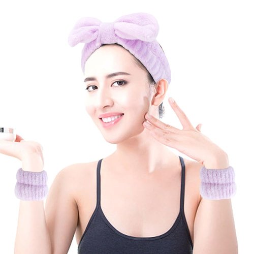 AOPRIE SPA Headbands for Washing Face Makeup Headbands with Bow Hair Band Women Facial Head Band Wrist Towel Wraps For Shower Face Mask Purple, 6 Pack