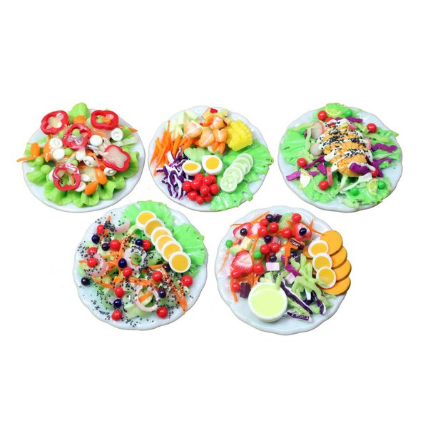ThaiHonest Set 5 Assorted Dollhouse Miniature Salad,Tiny Food On Ceramic Plate, Dollhouse Accessories for Collectibles