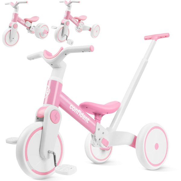 YGJT 5 in 1 Tricycle for Toddlers 1-3, Toddler Balance Bike with Parent Steering Push Handle and Removable Pedal, Kids Trike Baby Toys for 1 2 3 Year Old Boys Girls, Birthday Gifts(Pink)