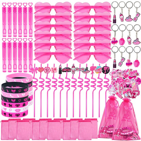 TKNOUS 122pcs Pink Party Favors for Girls, Pink Girls Birthday Party Favors Kit Keychain Bracelet Bubble Stickers Straws Heart Sunglasses Gift Bag Hot Pink Princess Birthday Party Supplies