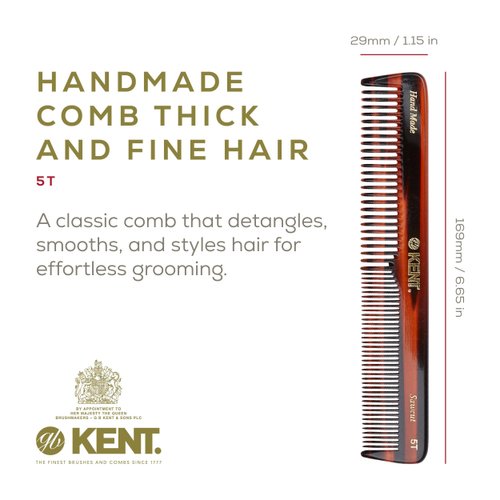 Kent 5T 6.6 Inch Double Tooth Dressing Comb, Multi-Purpose Styling and Grooming Comb for Hair, Beard, and Mustache - Coarse and Fine Teeth for Men, Women, and Kids. Made in England