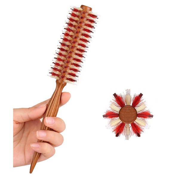 PERFEHAIR Small Round Boar & Nylon Bristle Hair Brush for Blow Drying Beard, Bangs,Short, Thin, Fine Hair, 1.7 Inch, Roll Styling Hairbrush with Natural Wooden Handle for Women & Men