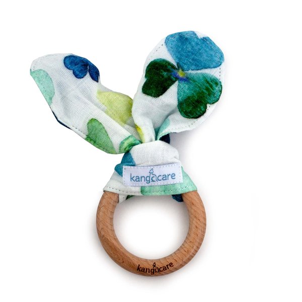 Kanga Care Baby Soft Muslin Sensory Crinkle Bunny Ear Wood Teething Ring - Clover Leaf