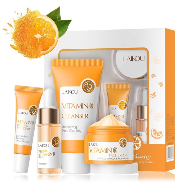 Vitamin C Skin Care Set For Teen Girls, Vitamin C Facial Kit Gift Set, 4 In 1 Vitamin C Skin Care Kit With Vitamin C Serum,Cleanser,Eye Cream,Face Cream, Travel Skincare Set, Skincare Set For Women
