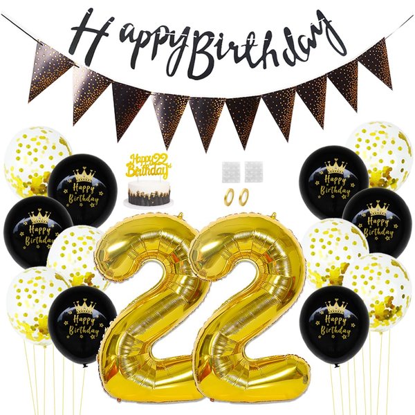 Daimay 22nd Birthday Party Decorations Gold Black Happy Birthday Latex Confetti Balloons Triangle Flag Banner Number 22 Foil Balloon Cake Topper for Men Women Anniversary Birthday Party Supplies