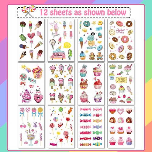 Cerlaza 180 Styles Donut Party Supplies Favors Tattoo Stickers, Candy Ice Cream Birthday Party Decorations Accessories, Fake Temporary Tattoos for Girls Kids Gifts
