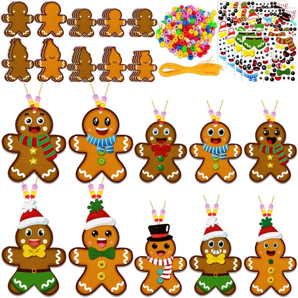 80UncleKimby 32 Sets Christmas Gingerbread Man Craft Kits for Kids - DIY Felt Necklace for Xmas Holiday Gifts Party Favor Classroom Activities
