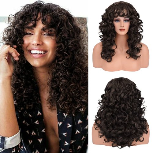 REECHO Curly wigs with Bangs for Women, Black Brown Curly Shag Synthetic Hair Replacement Wig for Daily Use Party Cosplay - 20 Inch Black Brown