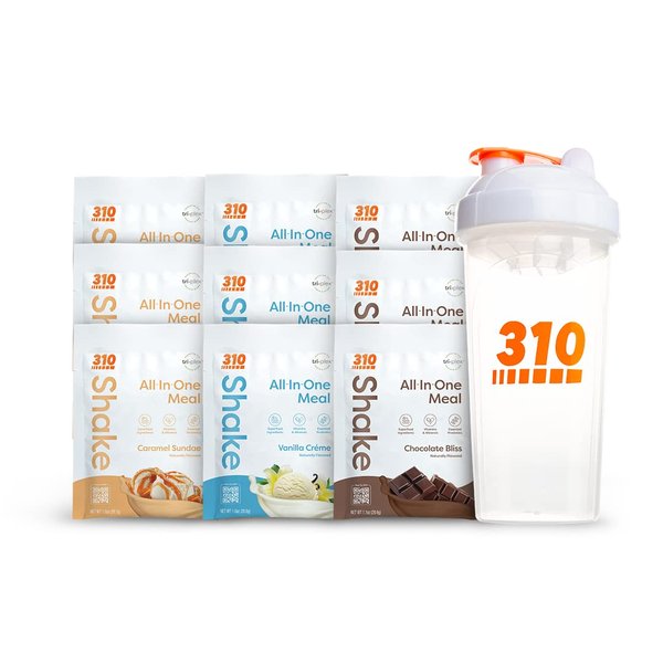 310 Nutrition – All-In-One Meal Replacement Shake Starter Kit - Fiber Rich Vegan Superfood Blend - Natural Sweeteners - Low Carb Shake, Keto & Paleo Friendly - Gluten Free - 26 Essential Vitamins & Minerals – 3 Flavors with Shaker Cup
