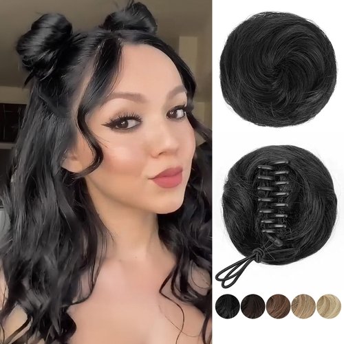 BOGSEA 2PCS Space Buns Hair Pieces,Mini Claw Clip in Hair Bun Hair Pieces Synthetic Scrunchies Princess Leia Buns Hair Extension Space Buns Clip in Hair Pieces for Women (Black)