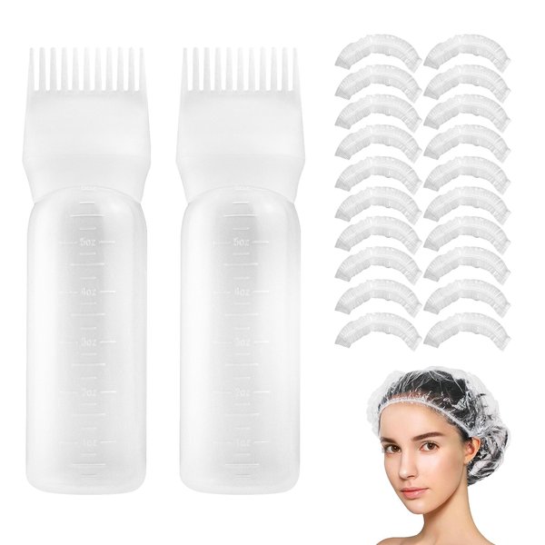 Root Comb Applicator Bottle, 6 Ounce, Hair Oil Applicator, Oil Applicator for Hair Dye, Oil Bottles for Hair, Hair Oiling Applicator with Graduated Scale (2 Pack+20 PCS Disposable Shower Caps, White)