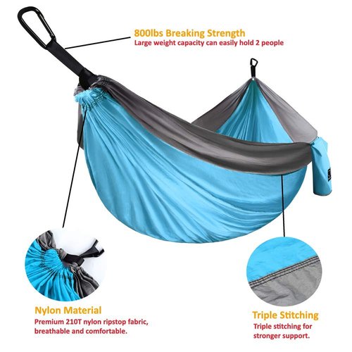 Gold Armour Camping Hammock - Portable Hammock Single Hammock Camping Accessories Gear for Outdoor Indoor Adult Kids, USA Based Brand (Light Blue & Grey)
