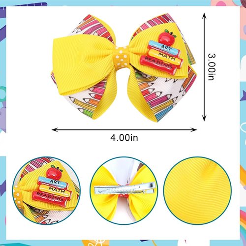 Estivaux 4 PCS Welcome Back to School Hair Bows for Girls, Apple Book Hair Clips Red Yellow Grosgrain Ribbon Bows First Day of School Hair Accessories for Girls Kindergarten Party Favor Supplies